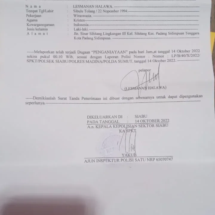 Laporan Pengeroyokan Wartawan Mangkrak di Polsek Saibu Sumatra Utara, Korban Berharap Kapolri Mendengar