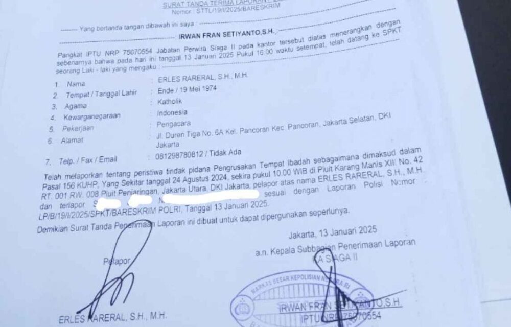 Advokat Erles Rareral, Laporkan Pengerusakan Tempat Ibadah Ke Mabes Polri