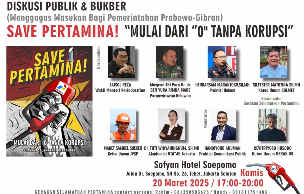 Jaring Aspirasi Masyarakat, Gerakan Selamatkan Pertamina Gelar Diskusi Publik Untuk Diberikan Ke Presiden Teropongistana.com Jakarta - Kelompok Masyarakat Sipil Yang Memberi Nama Gerakan Selamatkan Pertamina Terus Melakukan Kamanye. Mereka Peduli Dan Ingin Agar Perusahaan Plat Merah Bisa Bersih Khususnya Bumn Pertamina. Koordinator Selamatkan Pertamina Revitriyoso Husodo Menyebut Dia Sangat Prihatin Terhadap Kondisi Pertamina Saat Ini Yang Sedang Mengalami Dugaan Korupsi Rp1000 Triliun. Menurut Revi Sapaan Akrabnya, Ia Bersama Masyarakat Sipil Lain Yang Peduli Terhadap Pertamina Akan Menggelar Diskusi Publik Agar Menerima Masukan Dari Masyarakat. &Quot;Lewat Diskusi Publik, Kita Akan Menerima Masukan Dari Masyarakat Dan Hasilnya Nanti Akan Diserahkan Kepada Presiden Prabowo Soal Pertamina, &Quot; Kata Revi Kepada Wartawan Di Jakarta, Selasa (18/3/2025) Lebih Jauh, Mantan Aktivis 98 Tersebut Menjelaskan Bahwa Dalam Diskusi Itu, Kelompok Gerakan Selamatkan Pertamina Sangat Menerima Masukan Dan Kritik Dari Masyarakat Ataupun Narasumber. Kata Revi, Karena Masukan Atau Kritikan Sangat Berarti Bagi Pertamina Ke Depan Dalam Rangka Perbaikan. Kemudian, Kata Revi, Pihaknya Juga Menggagas Gerakan Selamatkan Pertamina Ini Murni Dari Masyarakat Sipil Yang Peduli Dan Ingin Menyelamatkan Pertamina. Kata Revi, Mereka Yang Tergabung Merasa Terpanggil Hatinya Untuk Ikut Berpartisipasi Menyelamatkan Pertamina. &Quot;Kita Sangat Prihatin Pertamina Mengalami Musibah Dengan Korupsi Mega Korupsi 1000 Triliun Maka Perlu Adanya Diskusi Publik Untuk Menyerap Aspirasi Rakyat Yang Nantinya Di Sampaikan Kepada Prediden Prabowo Subianto, &Quot; Jelas Revi. Untuk Menangani Permasalahan Korupsi Di Pertamina Dan Solusi- Solusinya Menurut Revi Perlu Adanya Masukan-Masukan Dari Para Narasumber Dan Masyarakat. Selain Itu, Kata Revi Pihaknya Saat Ini Sedang Gencar Sosialisasi Tentang Bahaya Korupsi. Menurut Revi, Dia Mencoba Membangun Kesadaran Anti Korupsi, Ssehingga Masyarakat Menjadi Lebih Bersih Dan Lebih Sejahtera. &Quot;Dalam Waktu Dekat Kita Akan Menggelar Diskusi Dengan Dengan Tema Pertamina Mulai Dari Nol Tanpa Korupsi Lokasi Kegiatan Di Jakarta 20 Maret 2025. Acara Tersebut Akan Digelar Di Hotel Sopiyan Tebet, &Quot; Tutup Revi.