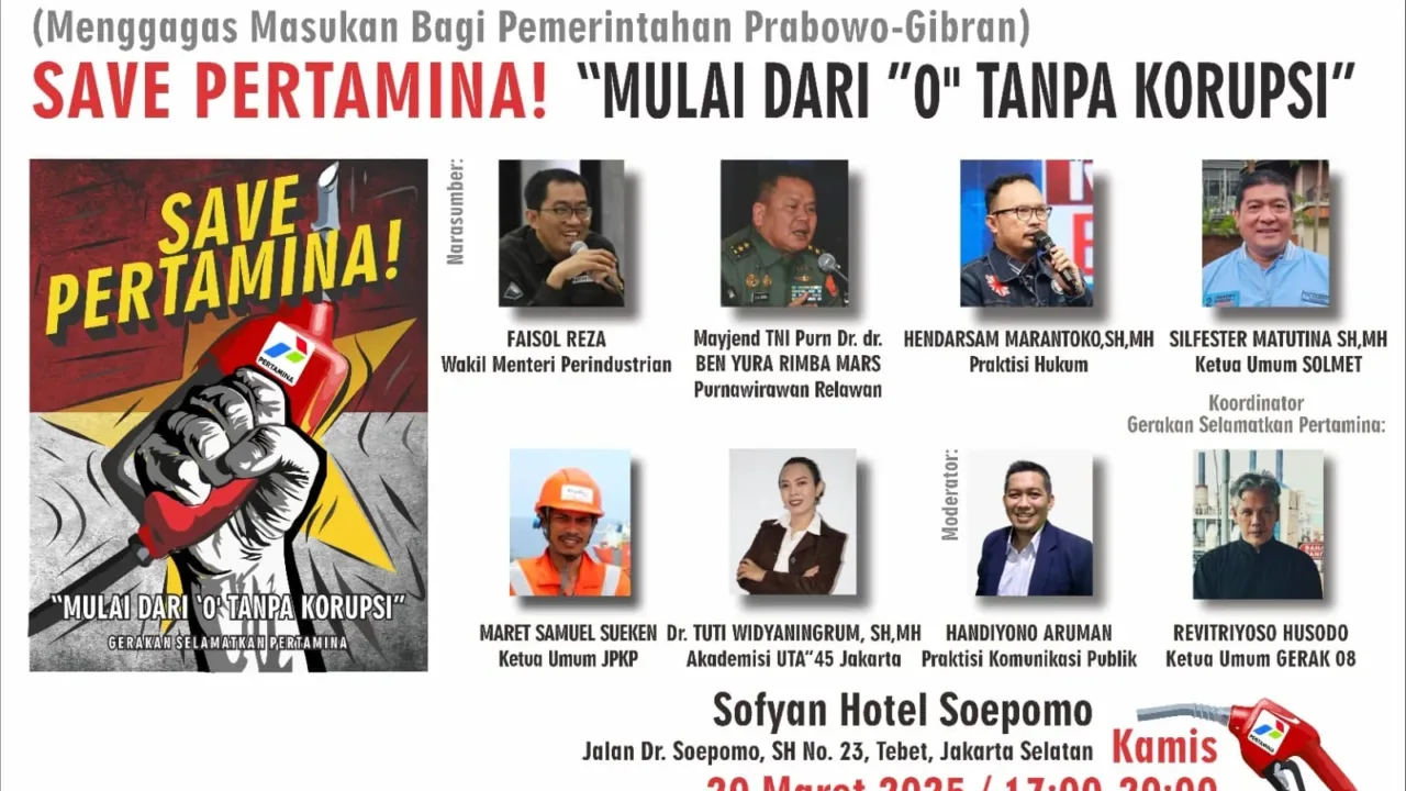 Jaring Aspirasi Masyarakat, Gerakan Selamatkan Pertamina Gelar Diskusi Publik Untuk Diberikan ke Presiden Teropongistana.com Jakarta - Kelompok masyarakat sipil yang memberi nama Gerakan Selamatkan Pertamina terus melakukan kamanye. Mereka peduli dan ingin agar perusahaan plat merah bisa bersih khususnya BUMN Pertamina. Koordinator Selamatkan Pertamina Revitriyoso Husodo menyebut dia sangat prihatin terhadap kondisi Pertamina saat ini yang sedang mengalami dugaan korupsi Rp1000 triliun. Menurut Revi sapaan akrabnya, ia bersama masyarakat sipil lain yang peduli terhadap Pertamina akan menggelar diskusi publik agar menerima masukan dari masyarakat. "Lewat diskusi publik, kita akan menerima masukan dari masyarakat dan hasilnya nanti akan diserahkan kepada Presiden Prabowo soal Pertamina, " Kata Revi kepada wartawan di Jakarta, Selasa (18/3/2025) Lebih jauh, mantan aktivis 98 tersebut menjelaskan bahwa dalam diskusi itu, Kelompok Gerakan Selamatkan Pertamina sangat menerima masukan dan kritik dari masyarakat ataupun narasumber. Kata Revi, karena masukan atau kritikan sangat berarti bagi Pertamina ke depan dalam rangka perbaikan. Kemudian, kata Revi, pihaknya juga menggagas gerakan selamatkan Pertamina ini murni dari masyarakat sipil yang peduli dan ingin menyelamatkan Pertamina. Kata Revi, mereka yang tergabung merasa terpanggil hatinya untuk ikut berpartisipasi menyelamatkan Pertamina. "Kita sangat prihatin Pertamina mengalami musibah dengan korupsi Mega korupsi 1000 triliun maka perlu adanya diskusi publik untuk menyerap aspirasi rakyat yang nantinya di sampaikan kepada prediden Prabowo Subianto, " jelas Revi. Untuk menangani permasalahan korupsi di Pertamina dan solusi- solusinya menurut Revi perlu adanya masukan-masukan dari para narasumber dan masyarakat. Selain itu, kata Revi pihaknya saat ini sedang gencar sosialisasi tentang bahaya korupsi. Menurut Revi, dia mencoba membangun kesadaran anti korupsi, ssehingga masyarakat menjadi lebih bersih dan lebih sejahtera. "Dalam waktu dekat kita akan menggelar diskusi dengan dengan tema Pertamina mulai dari nol tanpa korupsi lokasi kegiatan di jakarta 20 maret 2025. Acara tersebut akan digelar di hotel Sopiyan Tebet, " tutup Revi.