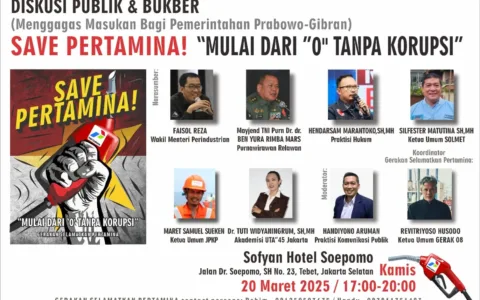 Jaring Aspirasi Masyarakat, Gerakan Selamatkan Pertamina Gelar Diskusi Publik Untuk Diberikan ke Presiden Teropongistana.com Jakarta - Kelompok masyarakat sipil yang memberi nama Gerakan Selamatkan Pertamina terus melakukan kamanye. Mereka peduli dan ingin agar perusahaan plat merah bisa bersih khususnya BUMN Pertamina. Koordinator Selamatkan Pertamina Revitriyoso Husodo menyebut dia sangat prihatin terhadap kondisi Pertamina saat ini yang sedang mengalami dugaan korupsi Rp1000 triliun. Menurut Revi sapaan akrabnya, ia bersama masyarakat sipil lain yang peduli terhadap Pertamina akan menggelar diskusi publik agar menerima masukan dari masyarakat. "Lewat diskusi publik, kita akan menerima masukan dari masyarakat dan hasilnya nanti akan diserahkan kepada Presiden Prabowo soal Pertamina, " Kata Revi kepada wartawan di Jakarta, Selasa (18/3/2025) Lebih jauh, mantan aktivis 98 tersebut menjelaskan bahwa dalam diskusi itu, Kelompok Gerakan Selamatkan Pertamina sangat menerima masukan dan kritik dari masyarakat ataupun narasumber. Kata Revi, karena masukan atau kritikan sangat berarti bagi Pertamina ke depan dalam rangka perbaikan. Kemudian, kata Revi, pihaknya juga menggagas gerakan selamatkan Pertamina ini murni dari masyarakat sipil yang peduli dan ingin menyelamatkan Pertamina. Kata Revi, mereka yang tergabung merasa terpanggil hatinya untuk ikut berpartisipasi menyelamatkan Pertamina. "Kita sangat prihatin Pertamina mengalami musibah dengan korupsi Mega korupsi 1000 triliun maka perlu adanya diskusi publik untuk menyerap aspirasi rakyat yang nantinya di sampaikan kepada prediden Prabowo Subianto, " jelas Revi. Untuk menangani permasalahan korupsi di Pertamina dan solusi- solusinya menurut Revi perlu adanya masukan-masukan dari para narasumber dan masyarakat. Selain itu, kata Revi pihaknya saat ini sedang gencar sosialisasi tentang bahaya korupsi. Menurut Revi, dia mencoba membangun kesadaran anti korupsi, ssehingga masyarakat menjadi lebih bersih dan lebih sejahtera. "Dalam waktu dekat kita akan menggelar diskusi dengan dengan tema Pertamina mulai dari nol tanpa korupsi lokasi kegiatan di jakarta 20 maret 2025. Acara tersebut akan digelar di hotel Sopiyan Tebet, " tutup Revi.